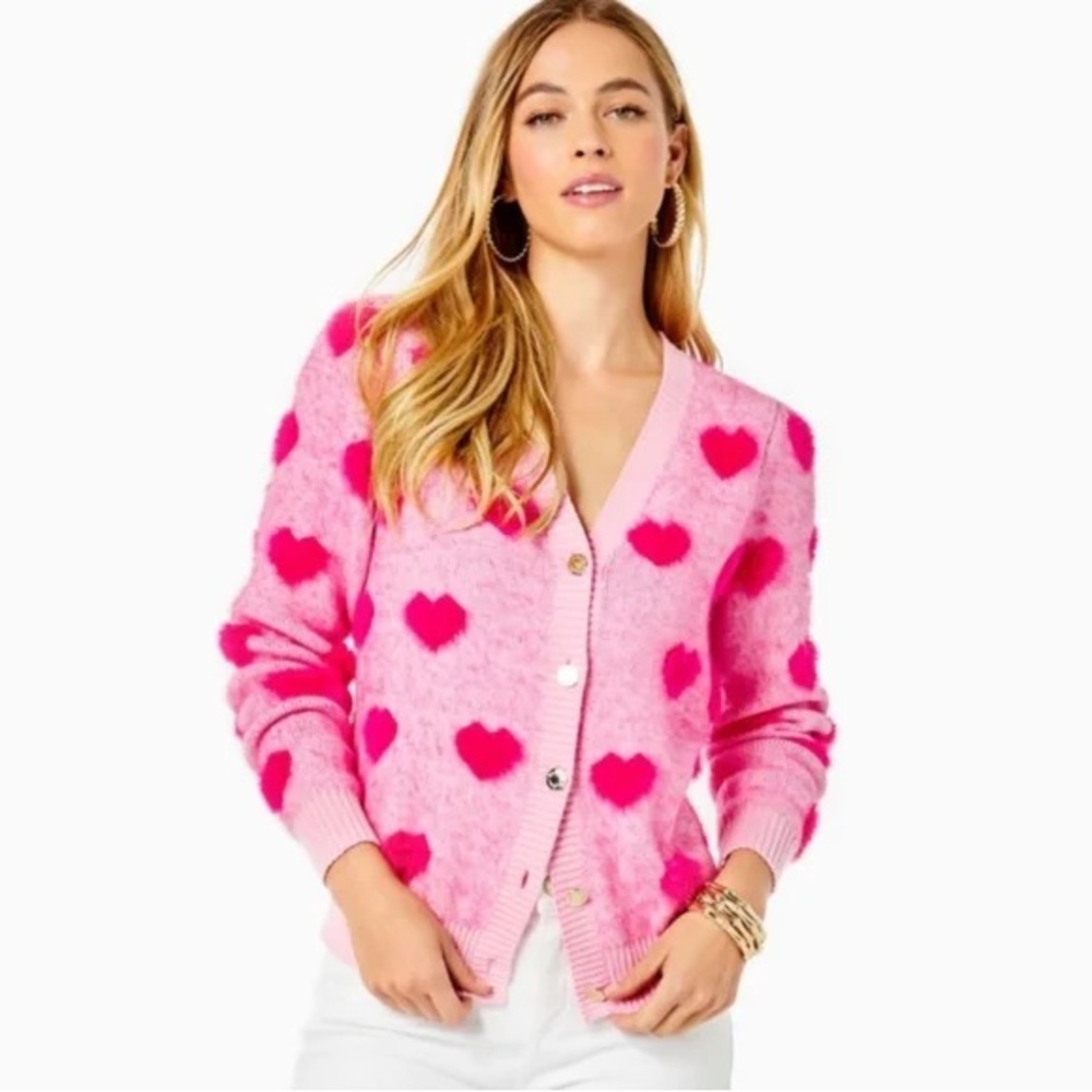 Lilly Pulitzer Fuzzy Keane Mandevilla Baby Hearts Jacquard Puff Sleeve Sweater